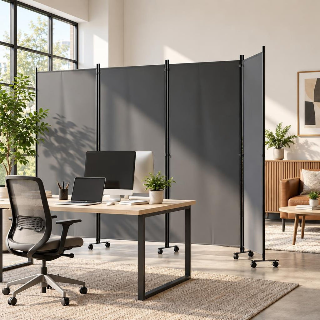 Airfind 4 Panel Folding Privacy Screen Room Divider with Wheels, Polyester Fabric Metal PP Frame, 137 x 12 x 71.5 Footprint, Grey