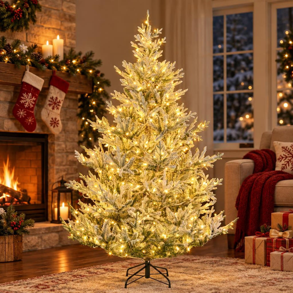 AIRFIND Pre-Lit Christmas Tree 7 ft Snow Flocked with 1074 Branch Tips, 450 Warm White LEDs, 13 Light Modes, Timer and Metal Stand