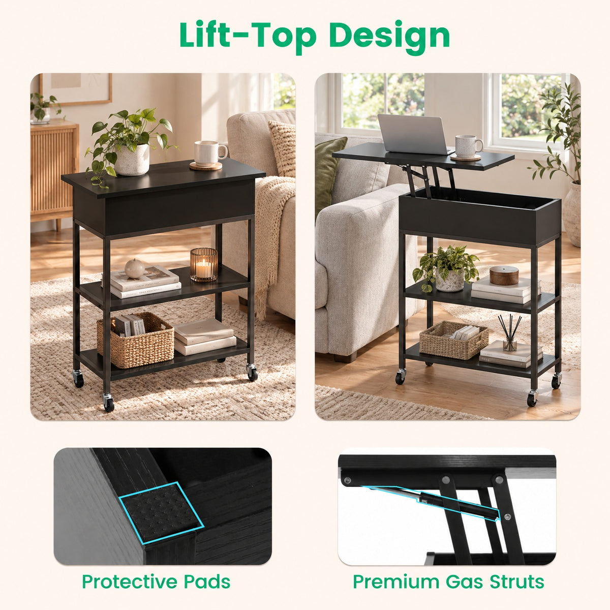 Airfind Lift Top End Table with Charging Station and Universal Wheels, 121 lbs Capacity, Engineered Wood Metal Frame, 24 x 9.5 x 25.5 Footprint