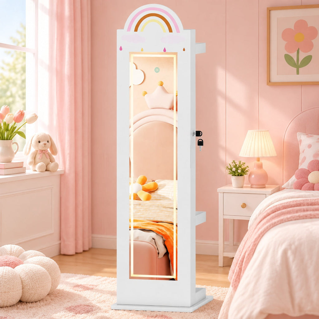 Airfind 3 In 1 Kids Jewelry Cabinet Freestanding Jewelry Armoire with 3-Color Lighted Mirror, MDF Glass Acrylic Frame, White