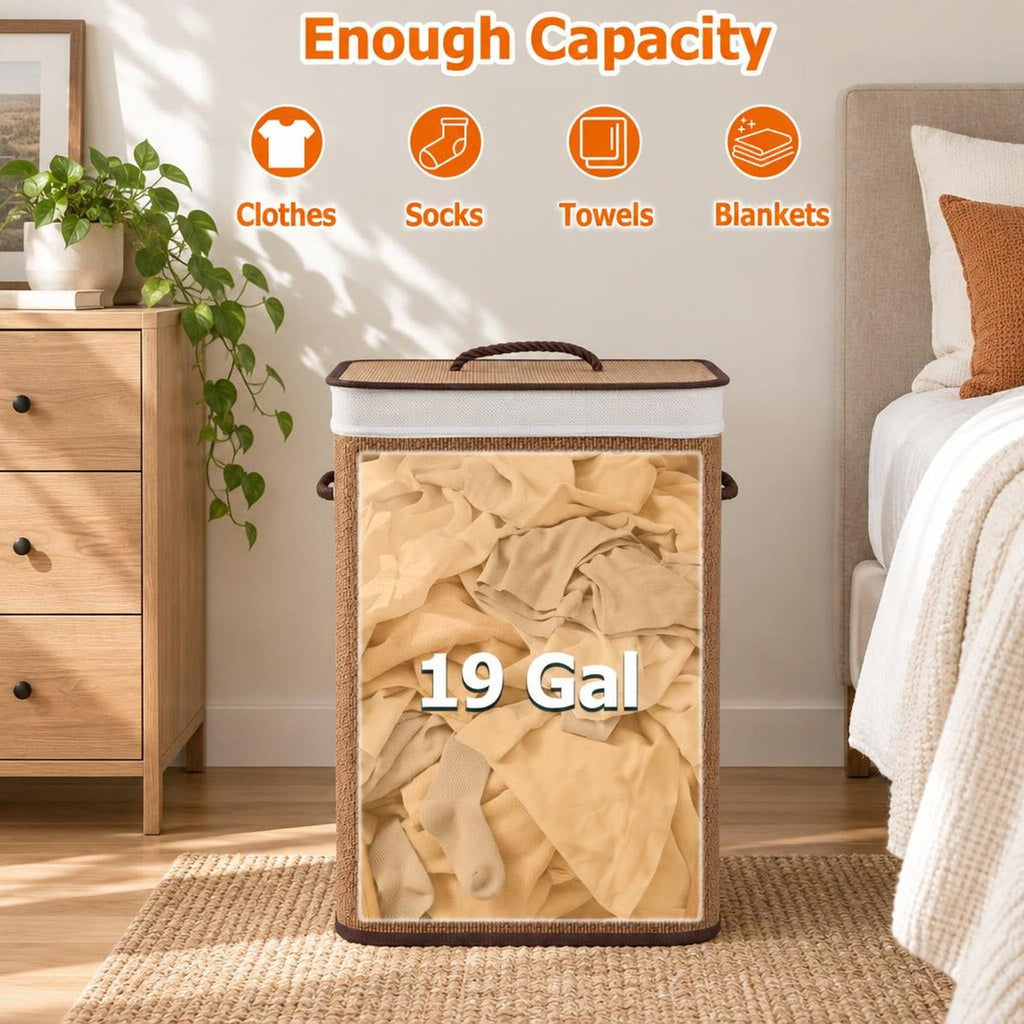 Airfind 19 Gal Capacity Bamboo Clothes Hamper with Removable Liner and Portable Handles, 22 lbs Capacity, 16.5 x 12.5 x 24 Footprint, Brown