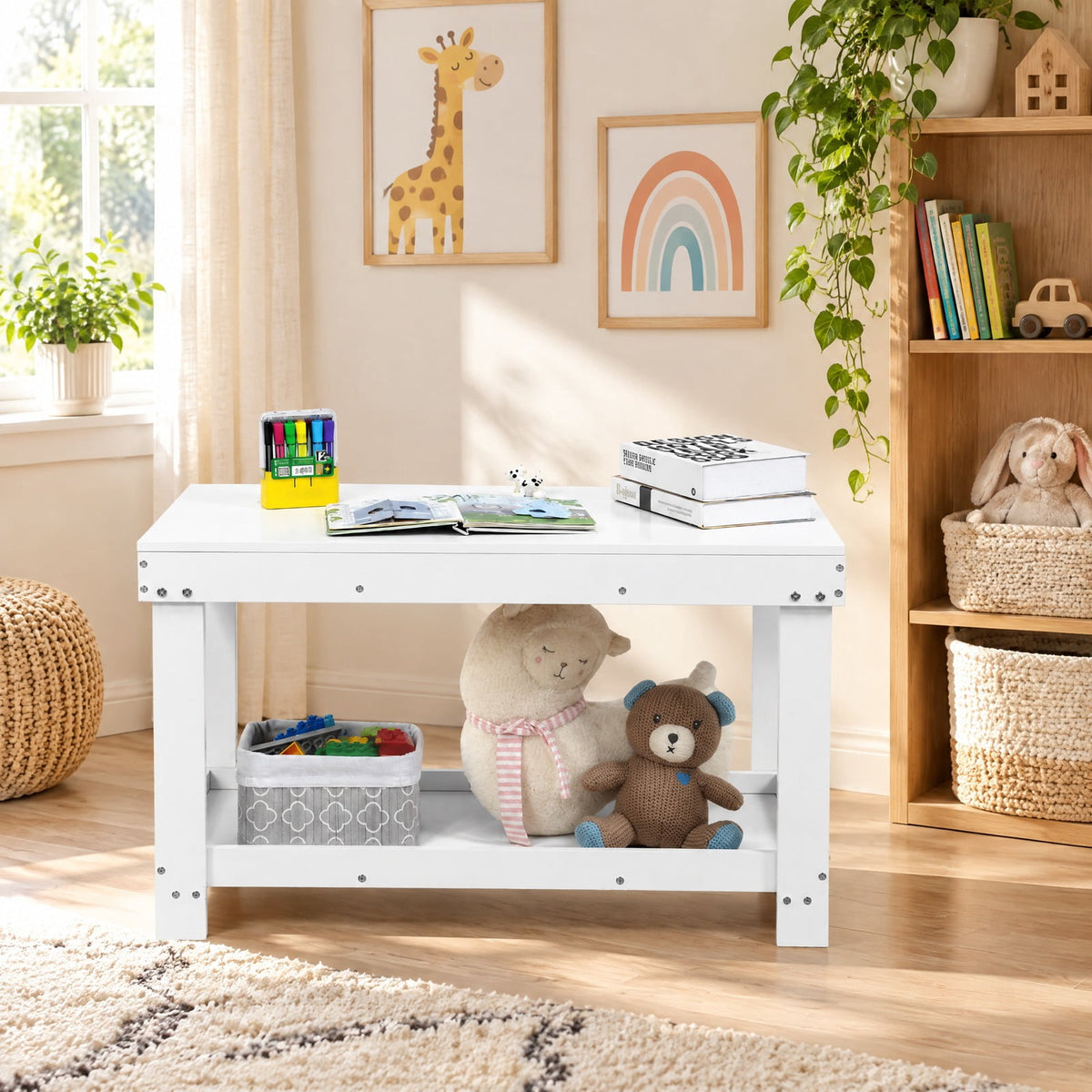 AIRFIND Kids Activity Table with Removable Top and Building Block Board, Hidden Toy Storage and Lower Shelf, 32.5 in Pine, White
