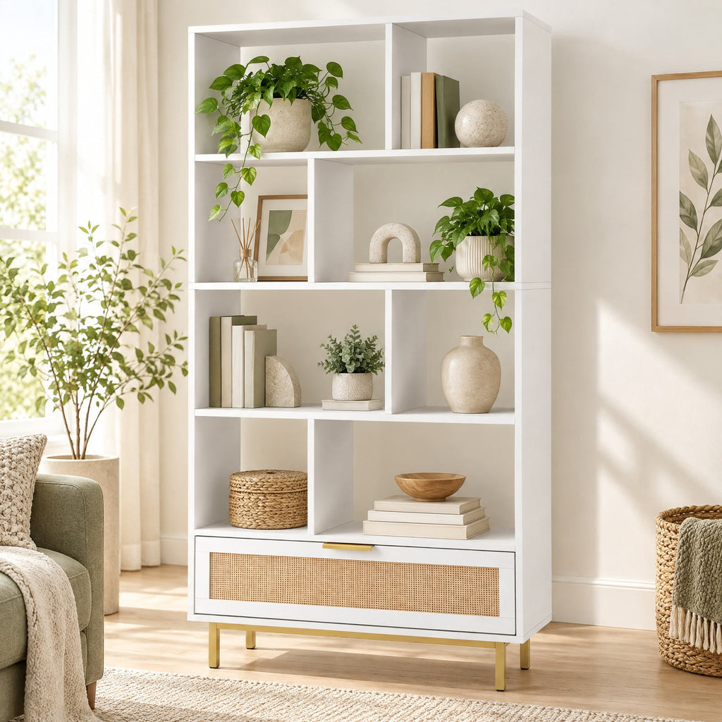 Airfind 64 inch 6-Tier Tall Wooden Bookcase with 8 Open Cubes, 33 lbs Capacity, Engineered Wood Metal Frame, 33in x 12in x 64in Footprint, White