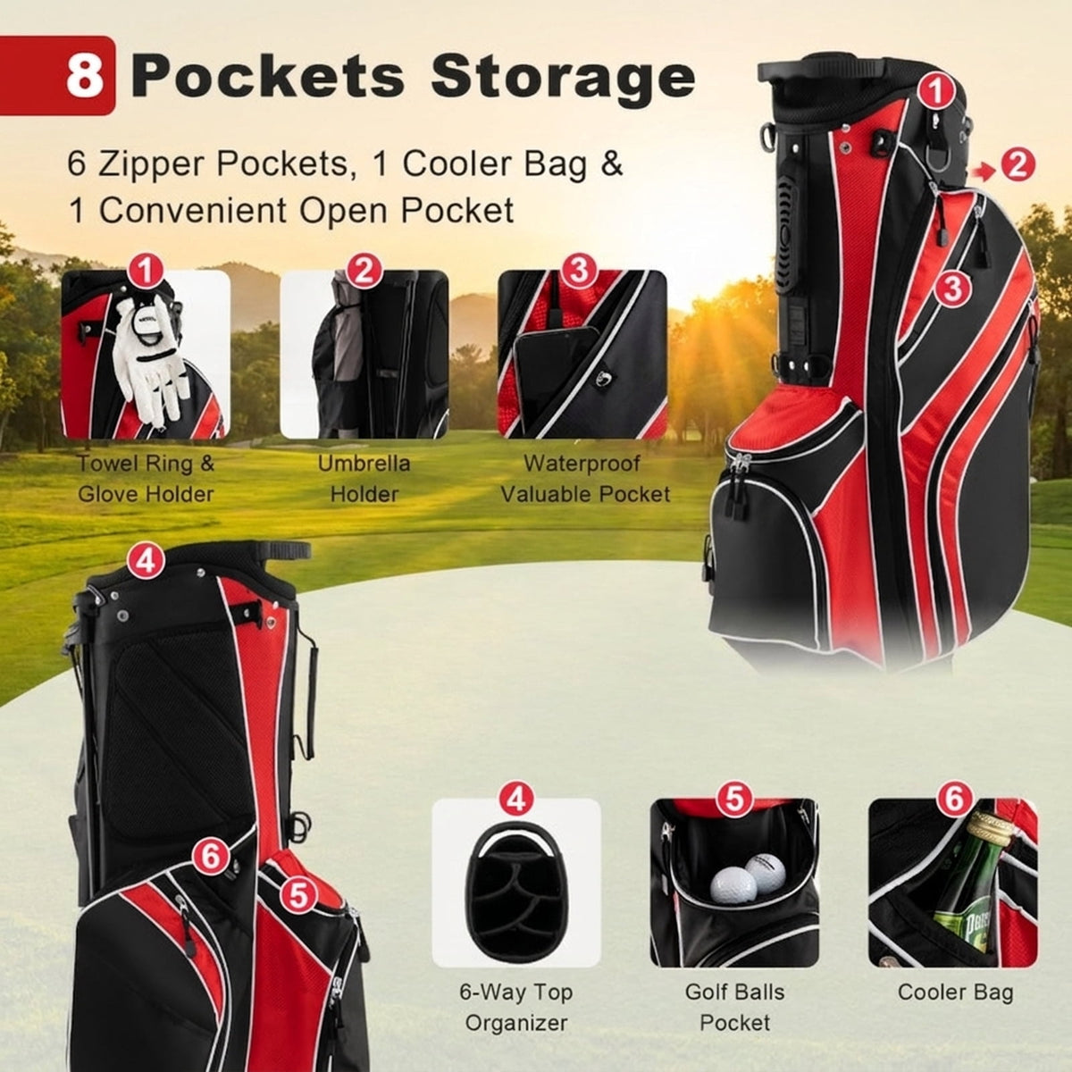 Airfind 6-Way Top Stand Bag with Auto-Deploy Legs and 8 Storage Pockets, Red