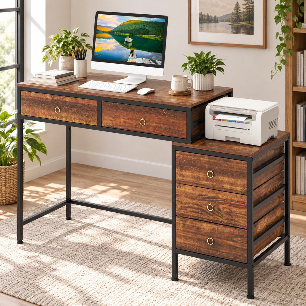 Airfind Computer Desk with 5 Drawers Home Office Desk with Side File Cabinet, 380 lbs Capacity, Engineered Wood Metal MDF Frame, Brown