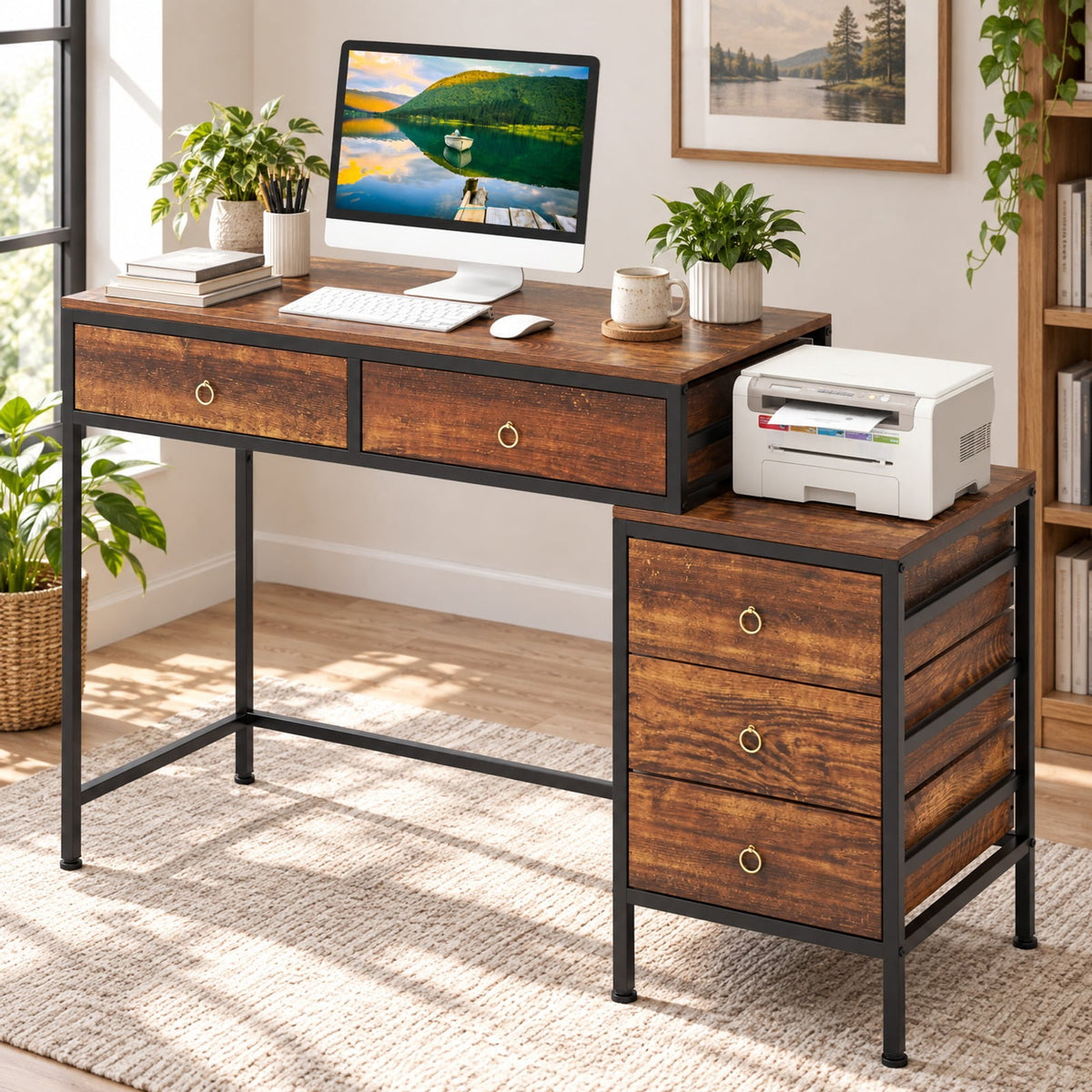 Airfind Computer Desk with 5 Drawers Home Office Desk with Side File Cabinet, 380 lbs Capacity, Engineered Wood Metal MDF Frame, Brown