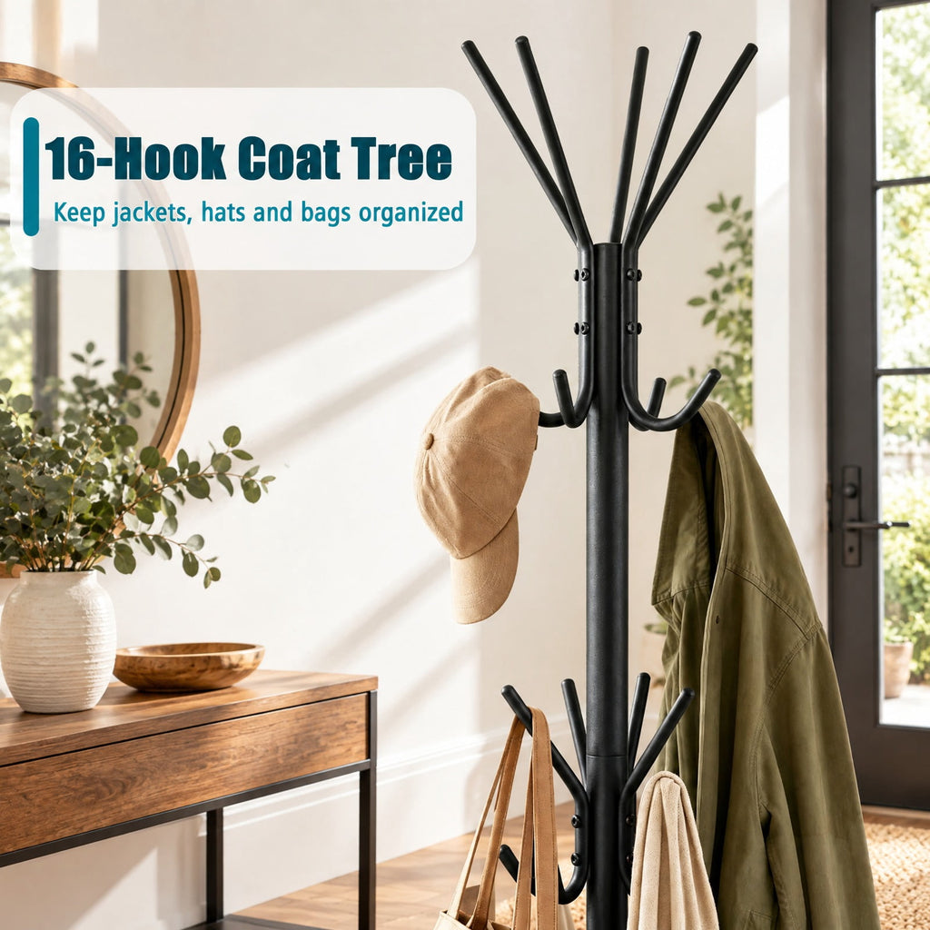 Airfind Metal Coat Rack Freestanding with 16 Hooks and 4 Legs for Entryway Office Bedroom, 6.5 lbs Capacity, Metal, 22 Inch x 22 Inch x 70 Inch
