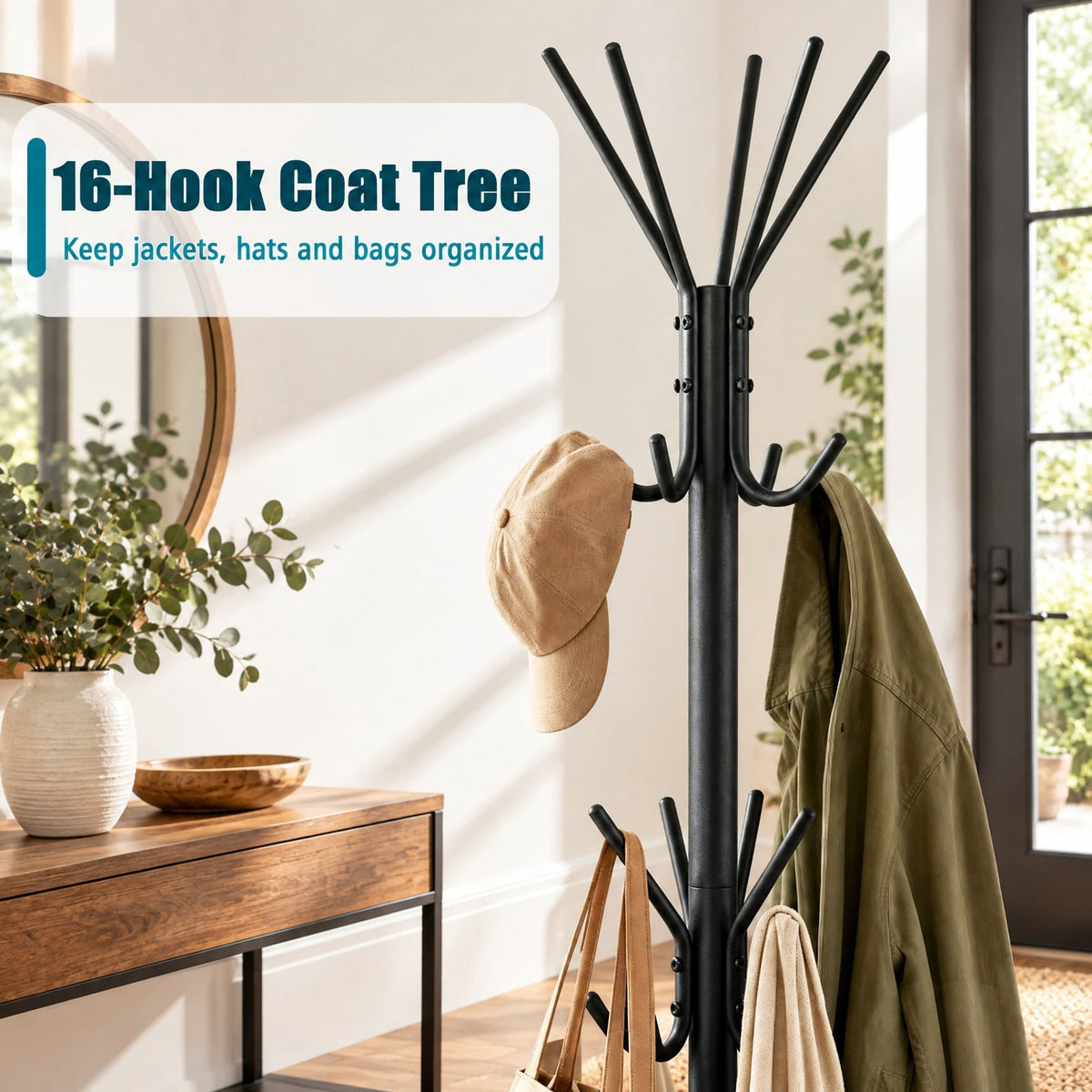 Airfind Metal Coat Rack Freestanding with 16 Hooks and 4 Legs for Entryway Office Bedroom, 6.5 lbs Capacity, Metal, 22 Inch x 22 Inch x 70 Inch