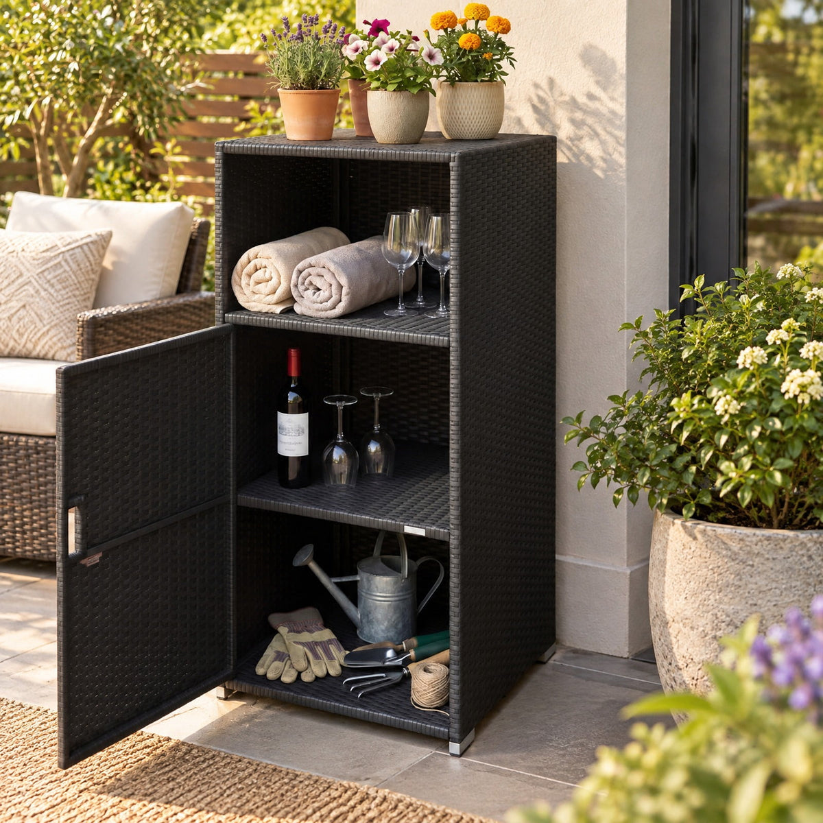 Airfind Outdoor PE Wicker Storage Cabinet with Door and Open Compartment for Patio, Shelf 66 lbs Capacity, PE Rattan Metal Frame, Black
