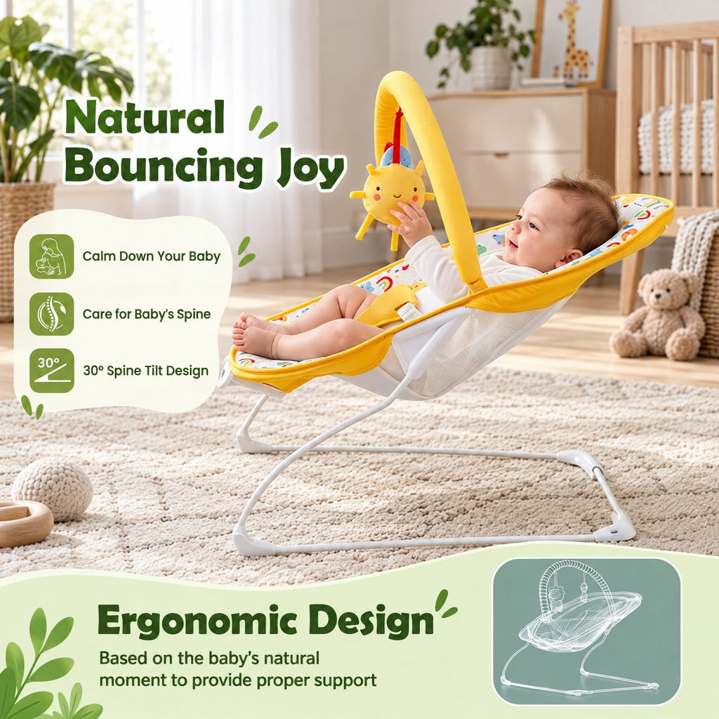 Airfind Portable Nursery Bouncer, Nursery Rocker Seat with Detachable Toy Bar, 20 lbs Capacity, Peach Velvet Fabric Polyester Metal ABS TPE, Yellow