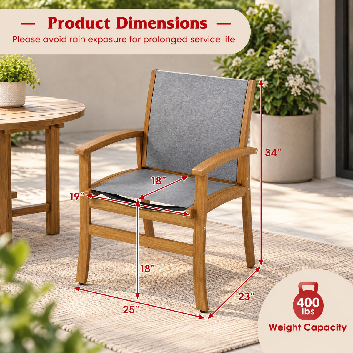 Airfind Set of 2 Patio Dining Chairs with Breathable Fabric and Acacia Wood Frame, Chair 400 lbs Capacity, Acacia Wood Fabric Frame, Wood