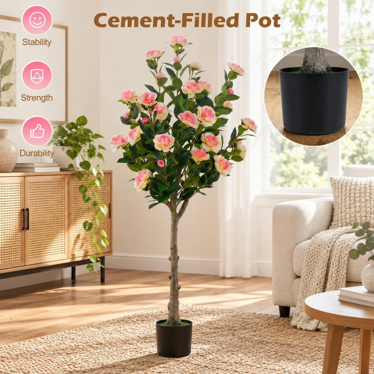 Airfind Set of 2 Artificial Camellia Tree with 27 Blossoms in Cement Pot for Home, Pink Green Black
