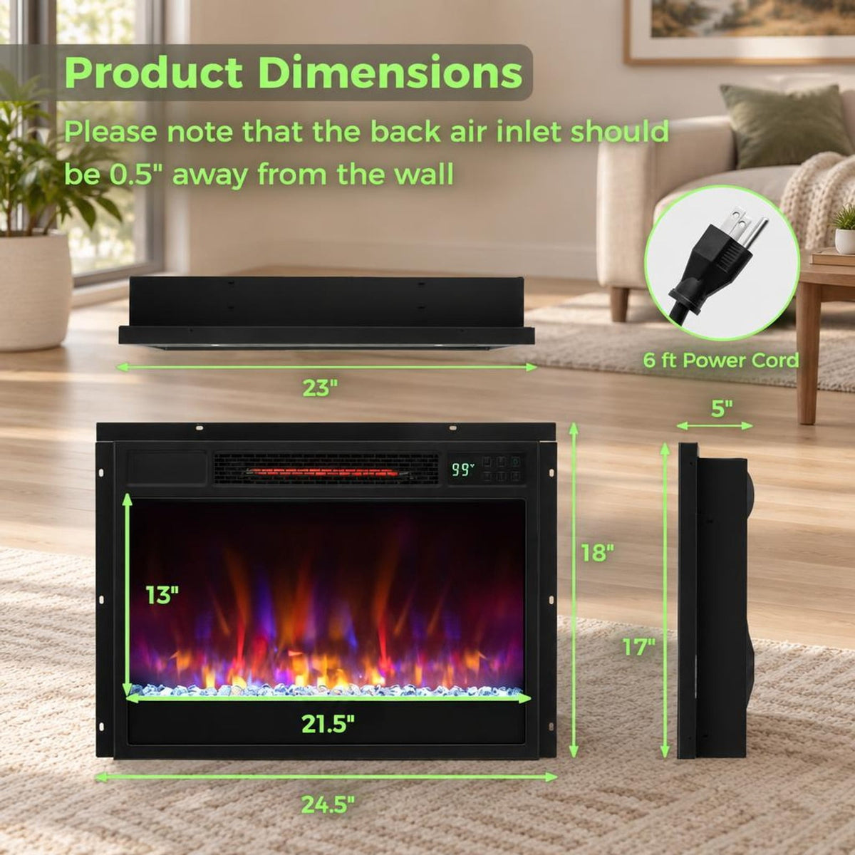 Airfind 23 Inch 1500W Recessed Electric Fireplace Insert with Remote Control, Metal Tempered Glass PS Frame, Black