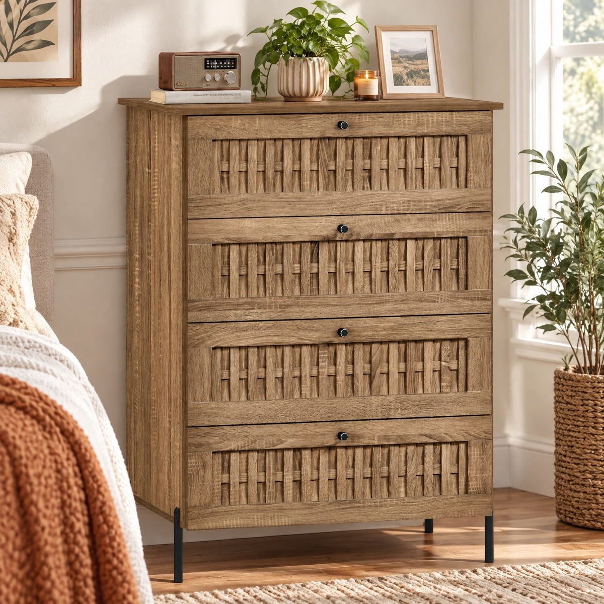 Airfind 4-Drawer Dresser with Interlocking Mechanism and Metal Legs for Bedroom, 155 lbs Capacity, Engineered Wood Metal Frame, Caramel Oak + Black