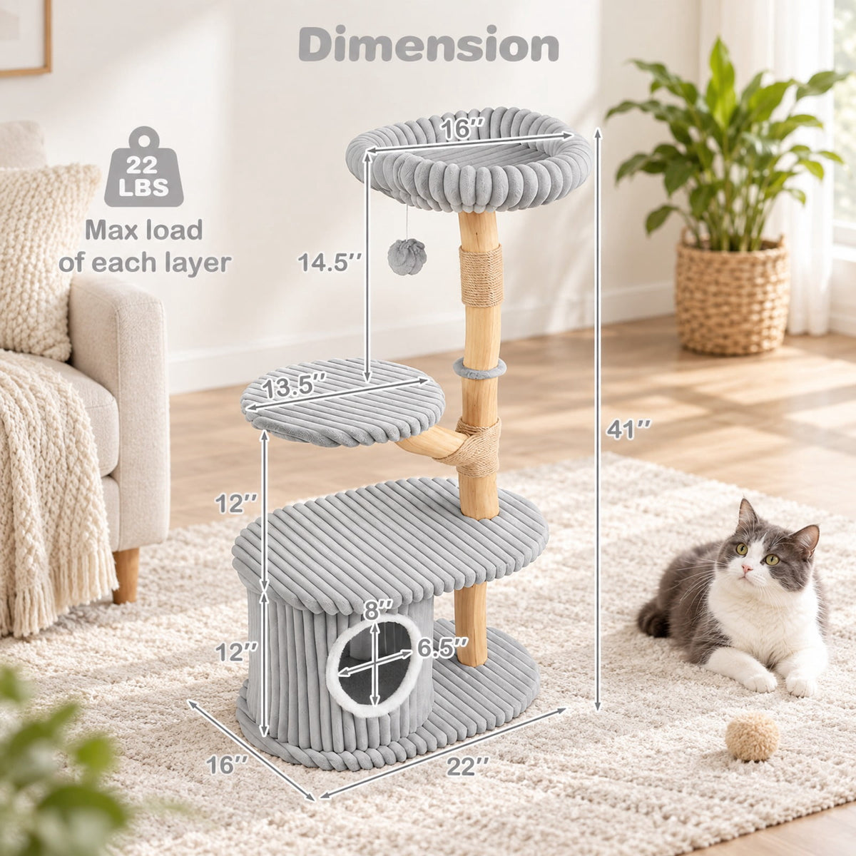 Airfind 41 Inch Tall Modern Cat Tower with Real Wood Branches Scratching Posts for Indoor, Gray, a distinctive shape and rich wood grain