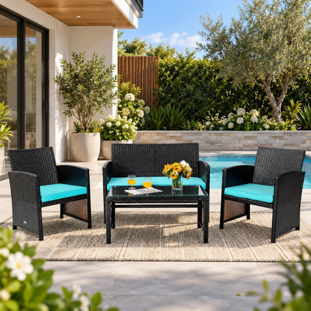 Airfind 4 Pieces Patio Rattan Cushioned Furniture Set, Rattan Frame, 43.5 x 25 x 31 Footprint, Product dimension of loveseat 43.5 x 25