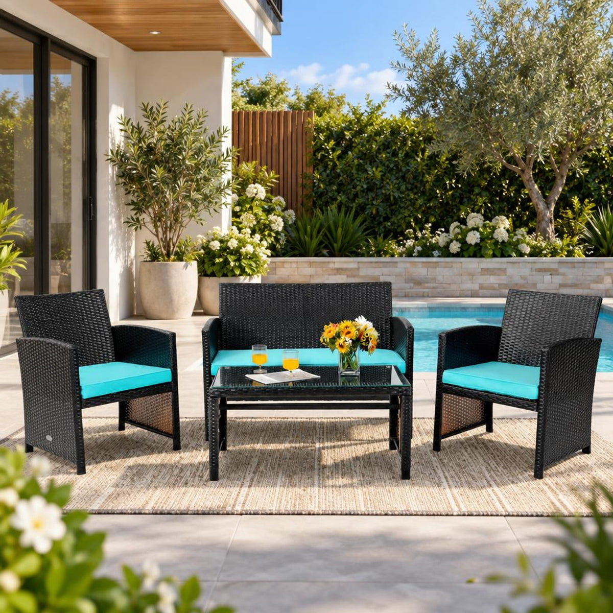 Airfind 4 Pieces Patio Rattan Cushioned Furniture Set, Rattan Frame, 43.5 x 25 x 31 Footprint, Product dimension of loveseat 43.5 x 25