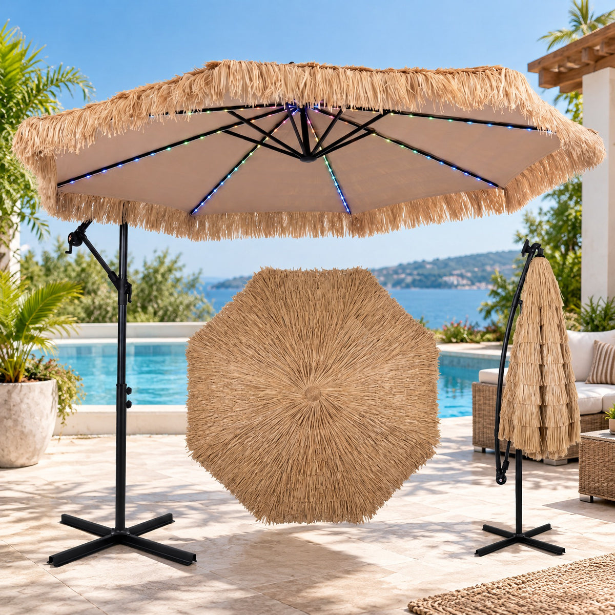 Airfind 10 FT Solar Thatched Cantilever Umbrella with 96 Multi-color Flowing Lights and 12 Modes, PE Thatch Polyester Fabric Metal ABS Frame, Brown