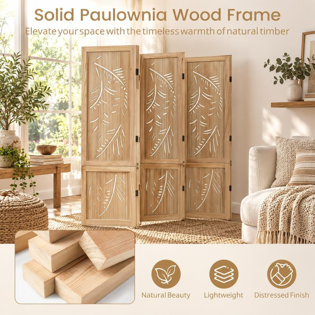 Airfind 6-Panel Wooden Room Divider with Palm Leaf Design and Paulownia Frame for Home, 67in x 16in x 5in Footprint, Natural