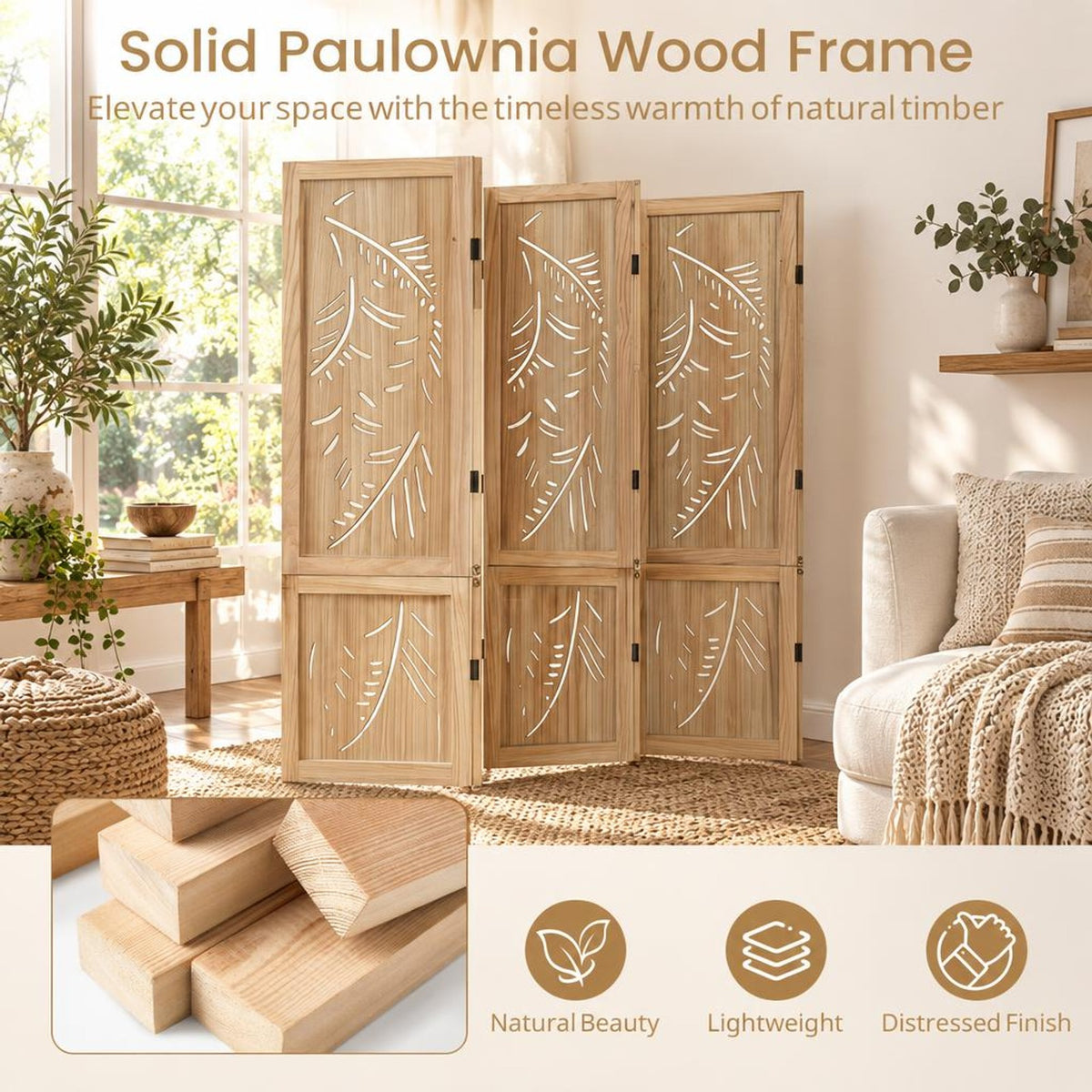 Airfind 6-Panel Wooden Room Divider with Palm Leaf Design and Paulownia Frame for Home, 67in x 16in x 5in Footprint, Natural