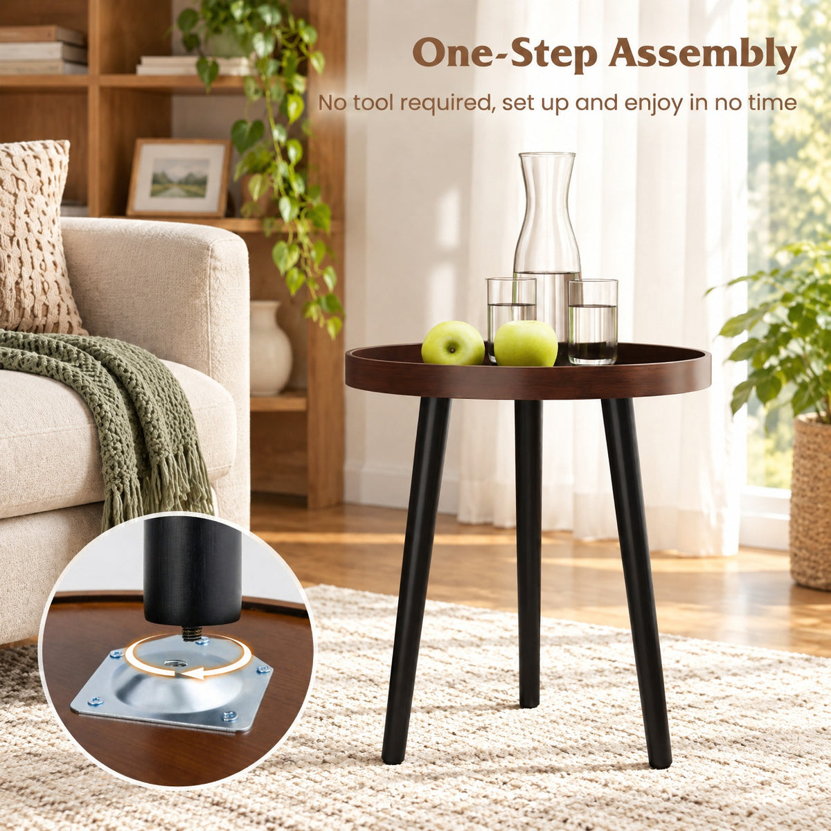 Airfind Mid Century Modern Round Side Sofa Coffee Table with Wooden Tray, 33 lbs Capacity, MDF panel bamboo feet Frame, Brown