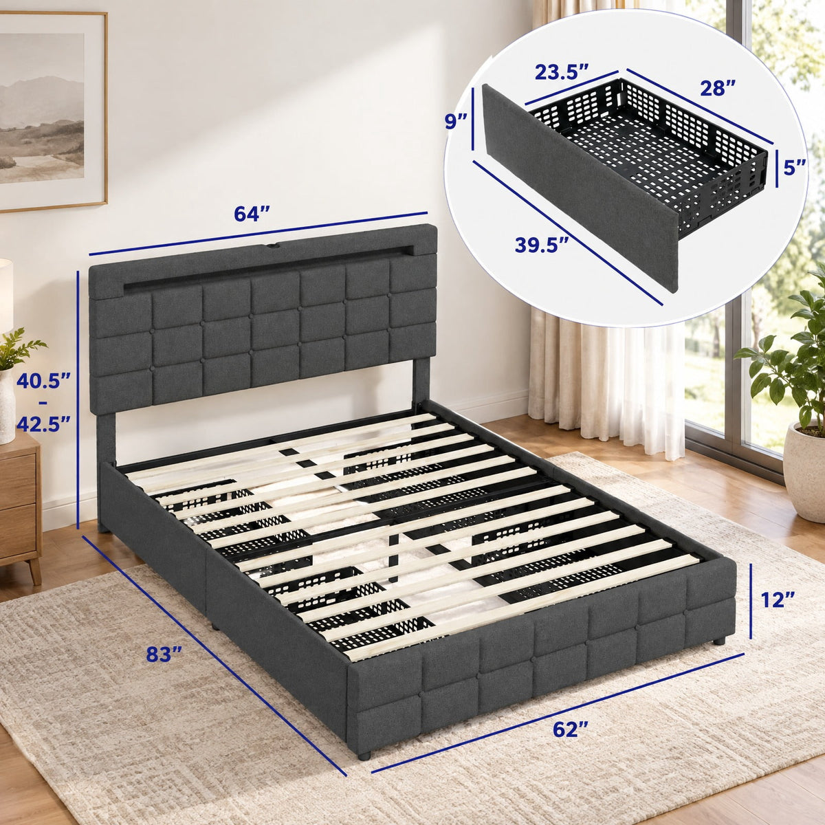 Airfind Upholstered Queen LED Bed Frame with Headboard and 4 Drawers, 880 lbs Capacity, 83 x 64 x 40.5-42.5(L x W x H) Drawer Footprint, Gray