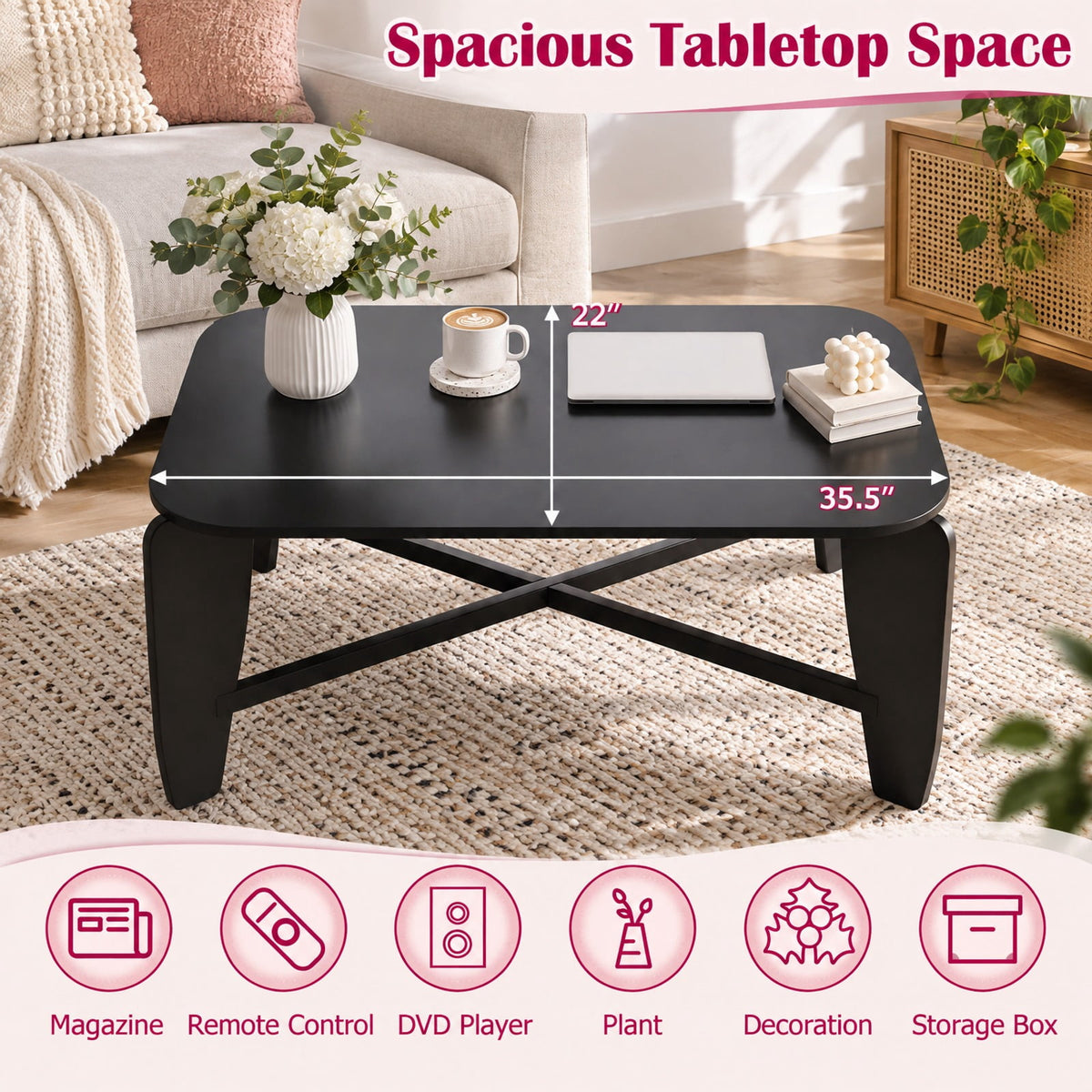 Airfind Modern Coffee Table with Rubber Wood Cross-Leg Base Rectangular Center Table, Black, Dimensions 35.5 x 22 x 15Ground Clear
