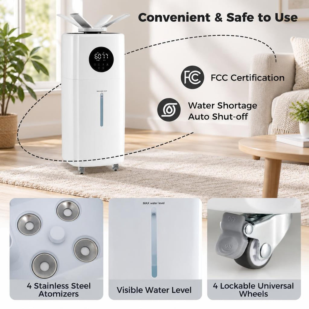 Airfind 5.5Gal Humidifier with 360° Nozzles and Wheels for Large Room, ABS Frame, White, Auto shut down when the water tank is full