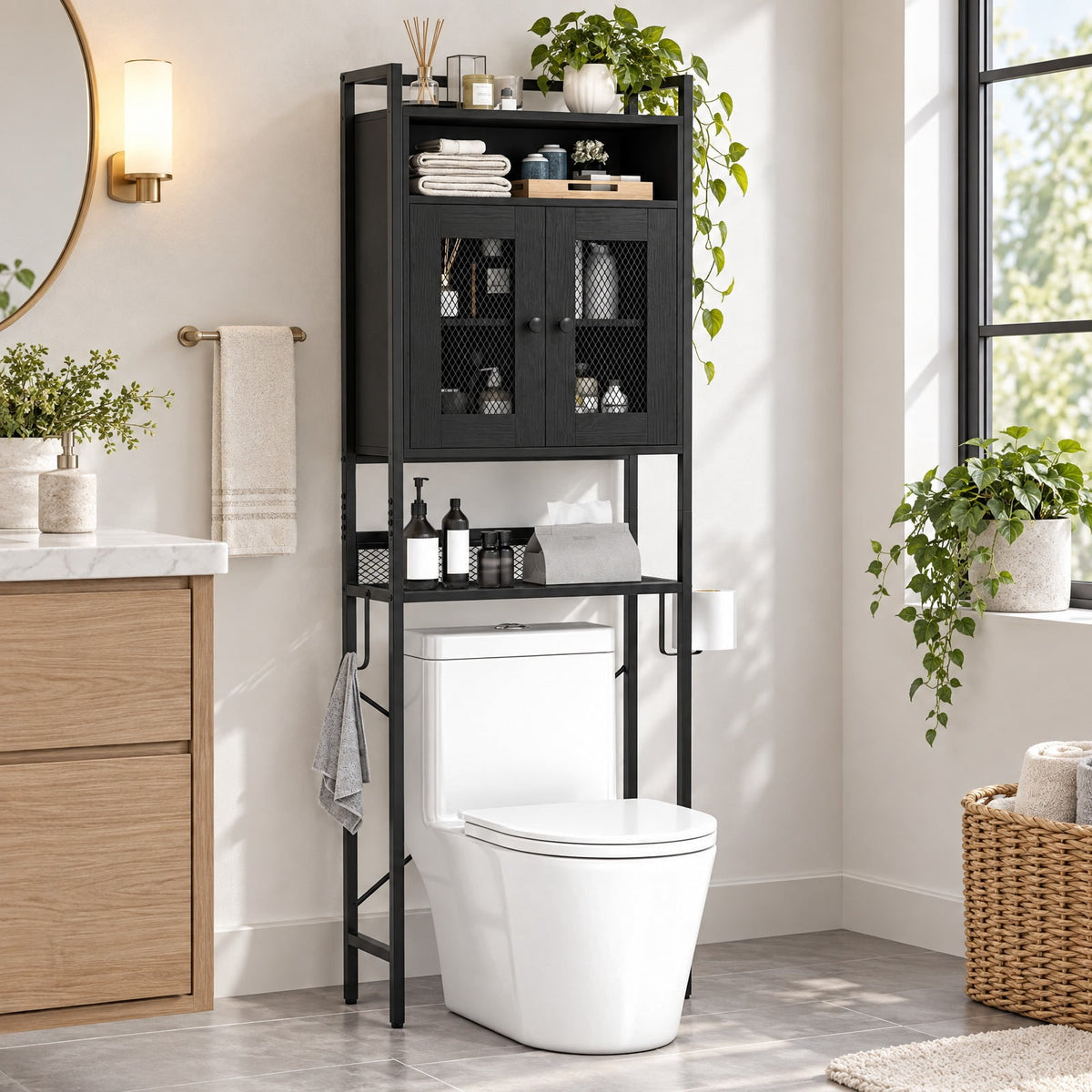 Airfind Over-the-toilet Storage Cabinet featuring Heavy-duty Metal Frame 2-door Freestanding, Engineered Wood Metal Frame, Black