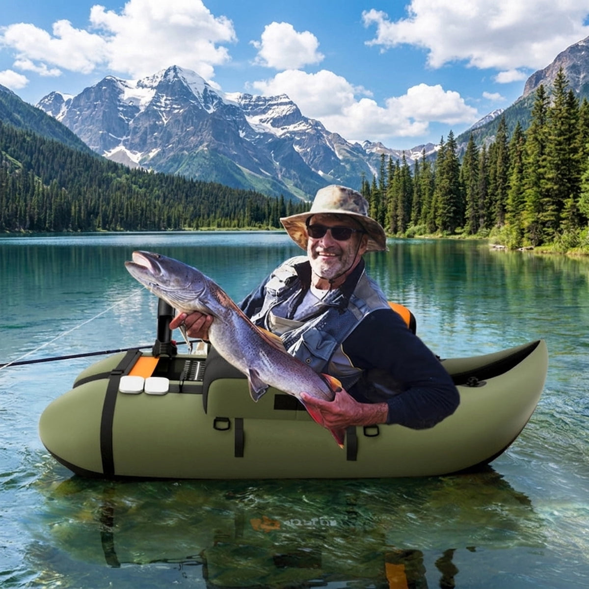 Airfind Inflatable Fishing Float Tube with foot pump and fish ruler plus mesh pockets and 350 lb heavy-duty PVC float seat for lake and pond bass fly fishing, Green