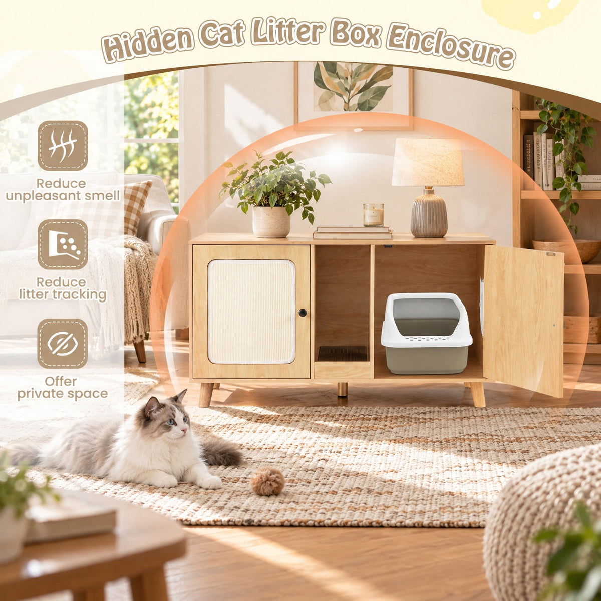 Airfind 43 Inches Cat Litter Box Enclosure with Double Rooms and 2 Sisal Scratching Mats, Engineered Board Frame, 43 x 20 x 24 Footprint, Natural