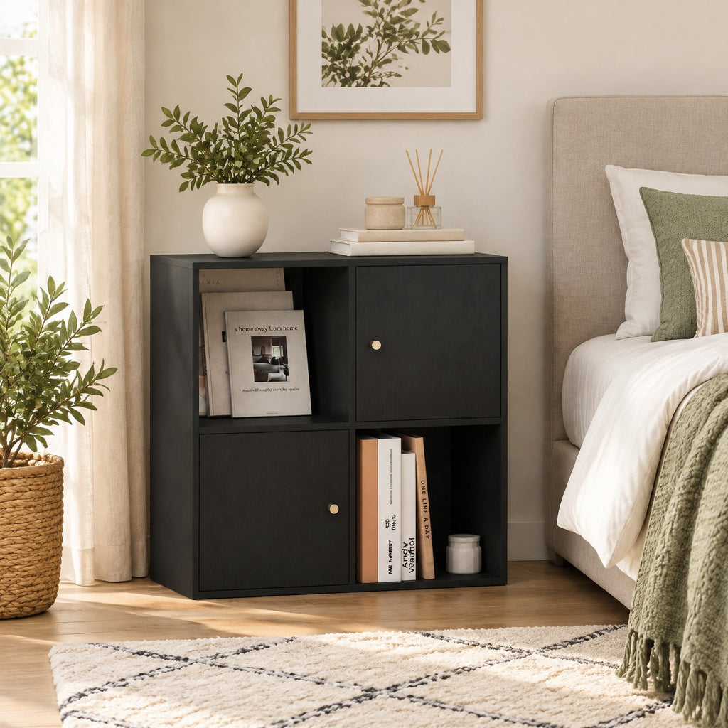 Airfind 4-Cube Bookcase 3-Tier Bookshelf with Dual Anti-Tipping Kits and 2 Cabinets, 110 lbs Capacity, MDF Engineered Wood Frame, Black