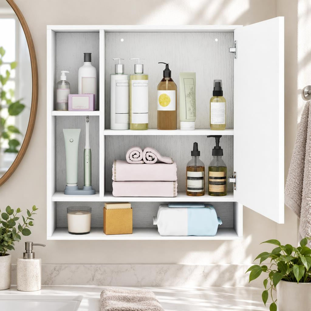 Airfind Wall Mounted Bathroom Cabinet with Mirror Single Door, 176 lbs Capacity, Glass MDF Engineered Wood Frame, 21.5 Inch x 6.5 Inch x 24 Inch Footprint
