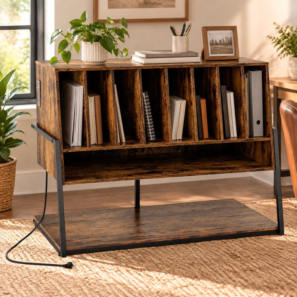 Airfind Turntable Stand with Charging Station and Vinyl Storage Shelves, 44 lbs Capacity, Engineered Wood MDF Metal Frame, Brown