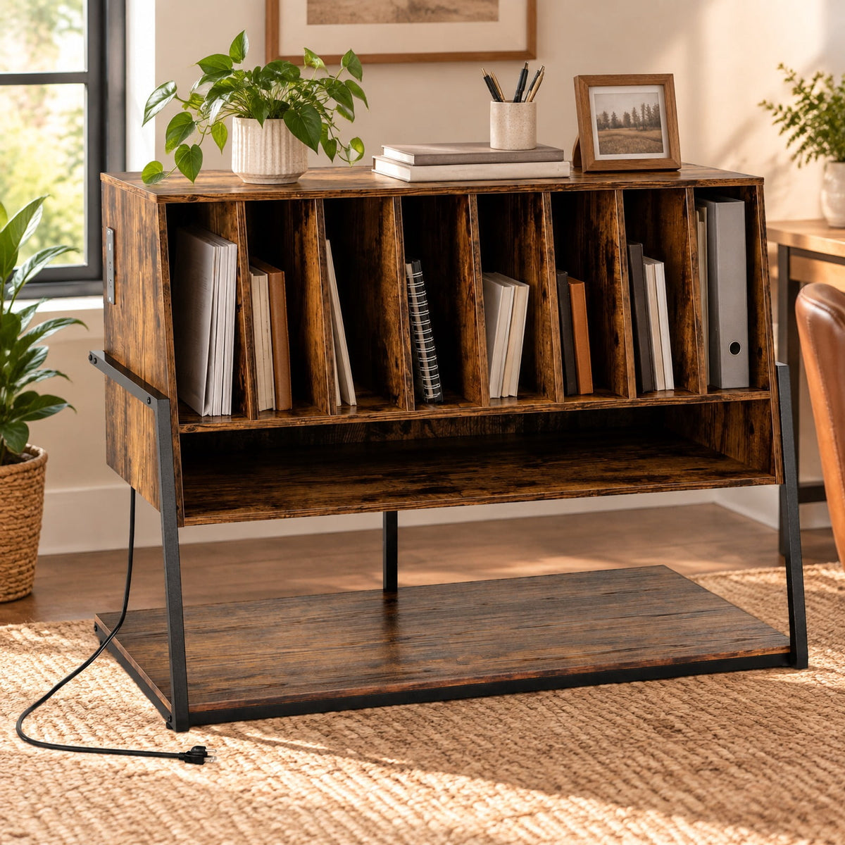 Airfind Turntable Stand with Charging Station and Vinyl Storage Shelves, 44 lbs Capacity, Engineered Wood MDF Metal Frame, Brown