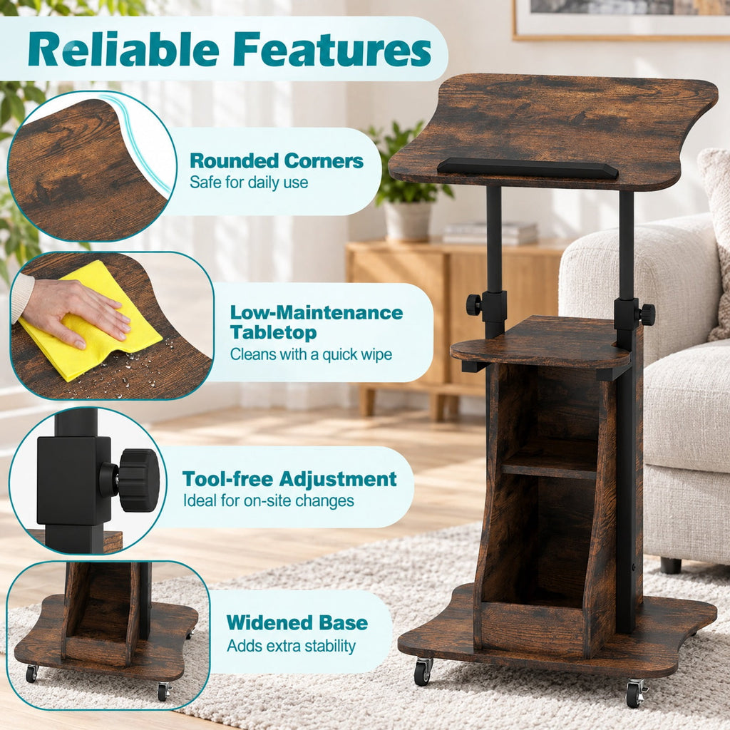 Airfind Mobile Podium Stand Height Adjustable Laptop Cart with Tilting Tabletop and Storage Compartments, 200 lbs Capacity, Brown