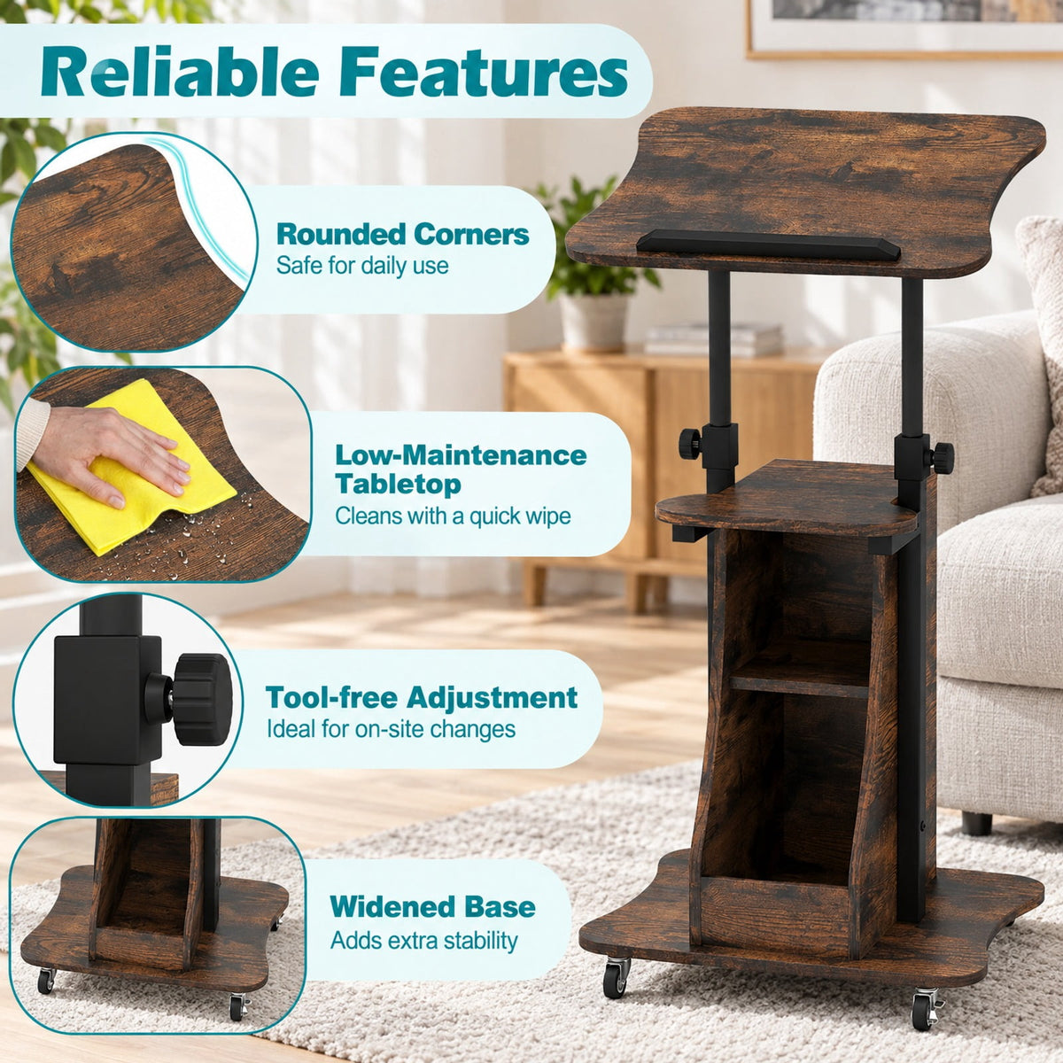 Airfind Mobile Podium Stand Height Adjustable Laptop Cart with Tilting Tabletop and Storage Compartments, 200 lbs Capacity, Brown