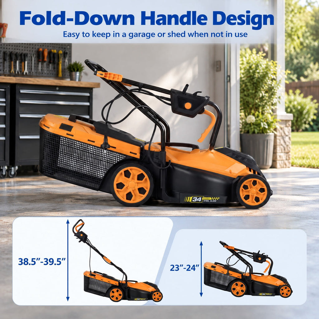 Airfind 14-Inch 12-Amp Corded Electric Lawn Mower w/ 5-Position Height Adjustment, Metal Frame, 44-45.5 x 14 x 38.5-39.5 Footprint, Orange