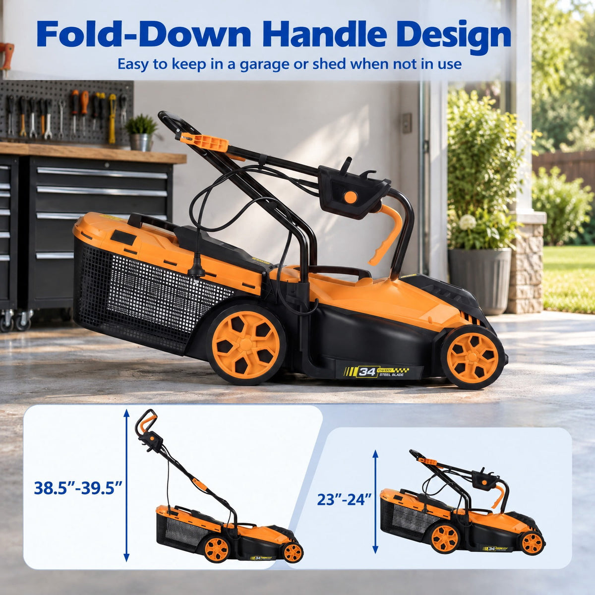 Airfind 14-Inch 12-Amp Corded Electric Lawn Mower w/ 5-Position Height Adjustment, Metal Frame, 44-45.5 x 14 x 38.5-39.5 Footprint, Orange