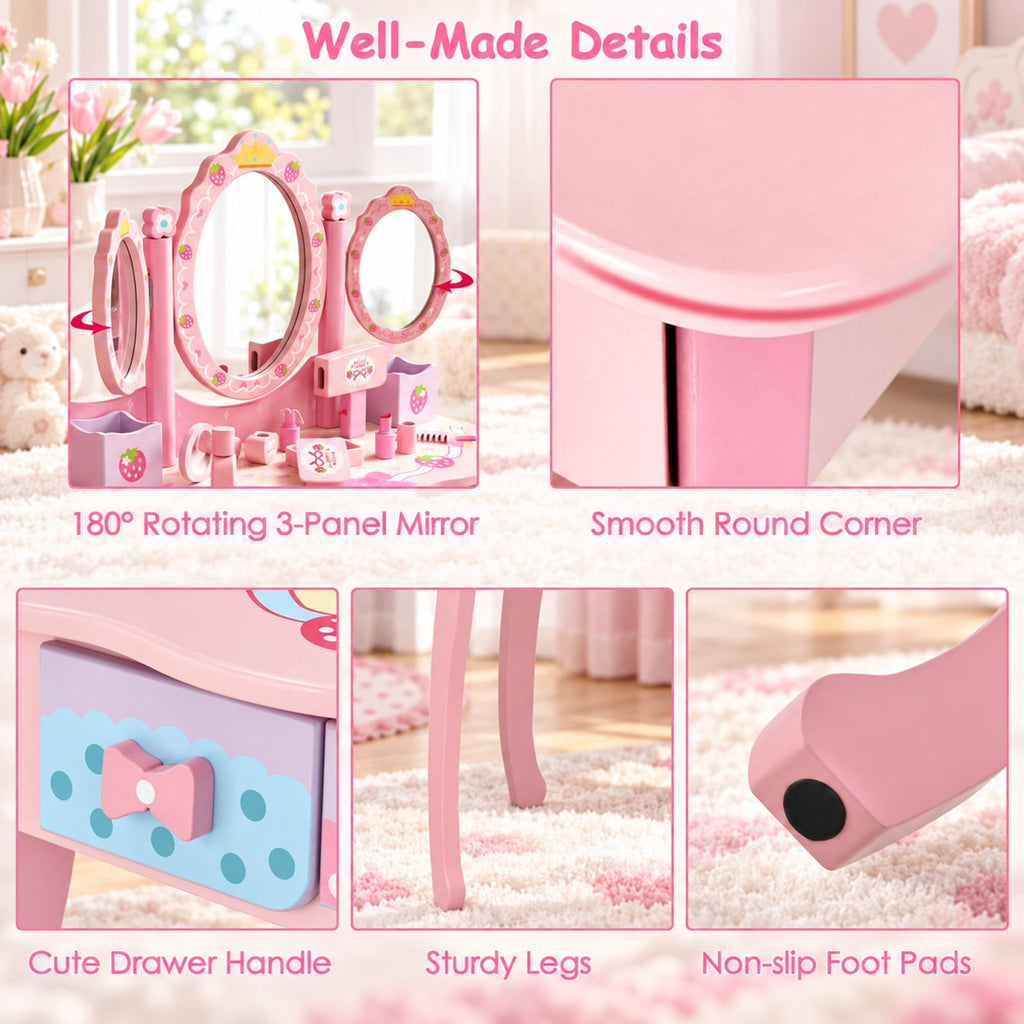 Airfind Kids Vanity Princess Makeup Dressing Table Chair Set with Tri-fold Mirror, 44 lbs Capacity, MDF Frame, Pink