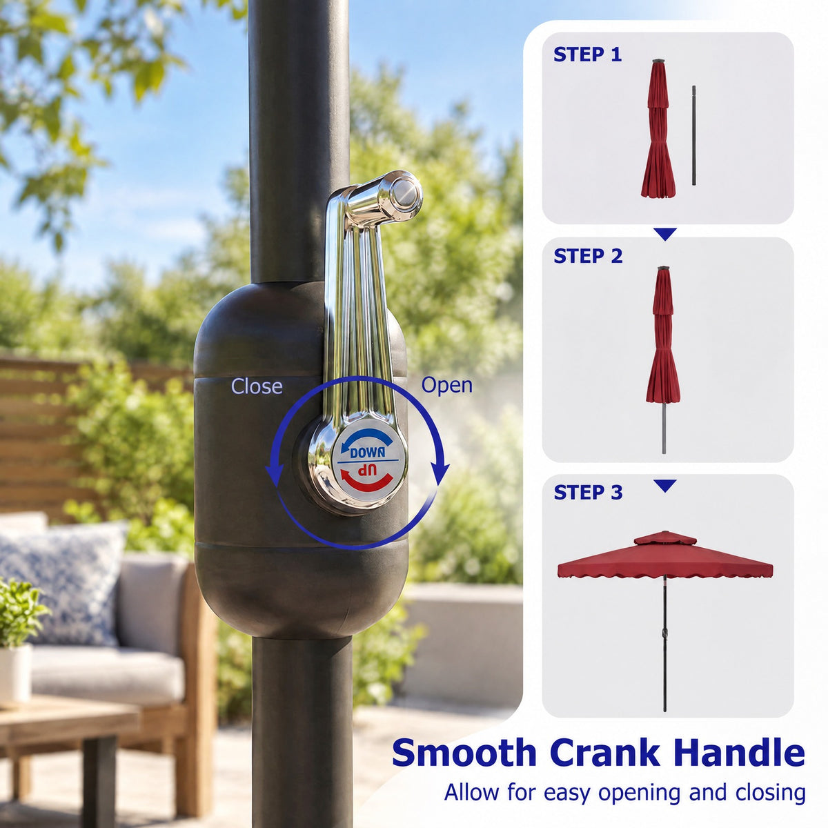 Airfind 9 FT Solar LED Patio Umbrella Push-Button Tilt and Crank 24 LED Lights and 8 Ribs, Polyester Fabric Metal Frame, 9 x 8.2 ft Footprint, Red