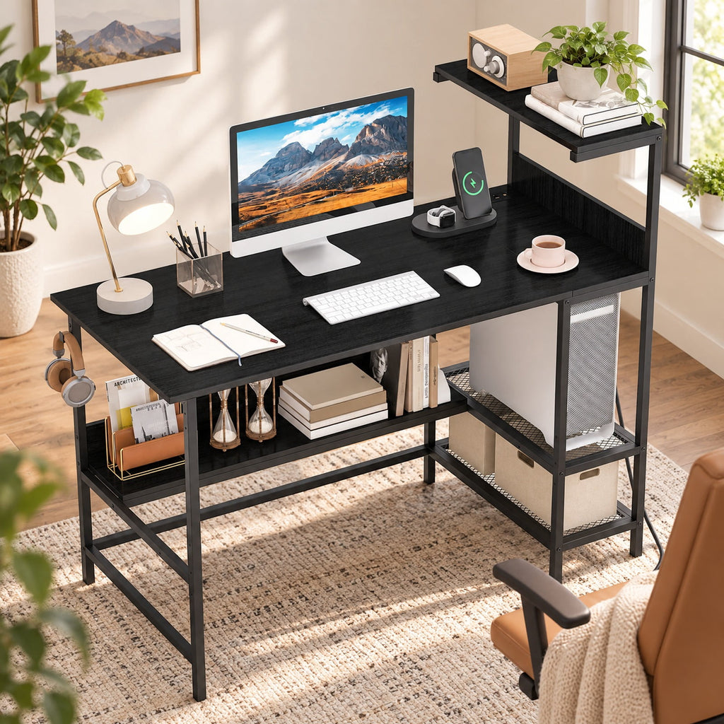 Airfind 48 Inch Computer Desk with Power Outlets and Storage Shelves, 88 lbs Capacity, Engineered Wood Metal Frame, 48 Inch x 23 Inch x 43.5 Inch Footprint
