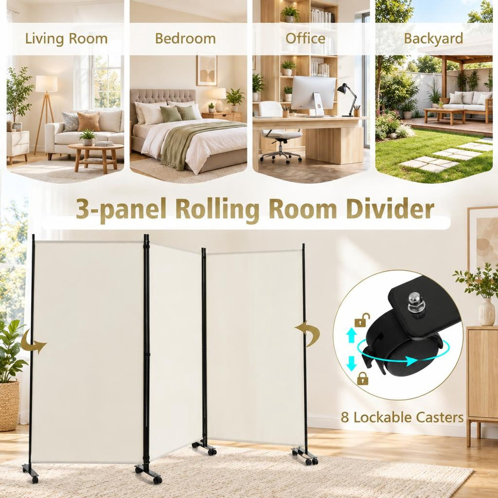 Airfind 3 Panel Folding Room Divider with Lockable Wheels, Metal Polyester Fabric Tiled Frame, 103 x 12 x 71 Footprint, White