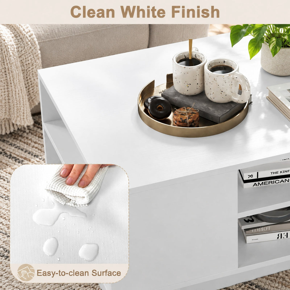 Airfind Modern Coffee Table with 2-Tier Open Storage Shelves, 132 lbs Capacity, Engineered Wood Frame, 34 x 22 x 16 Footprint, White