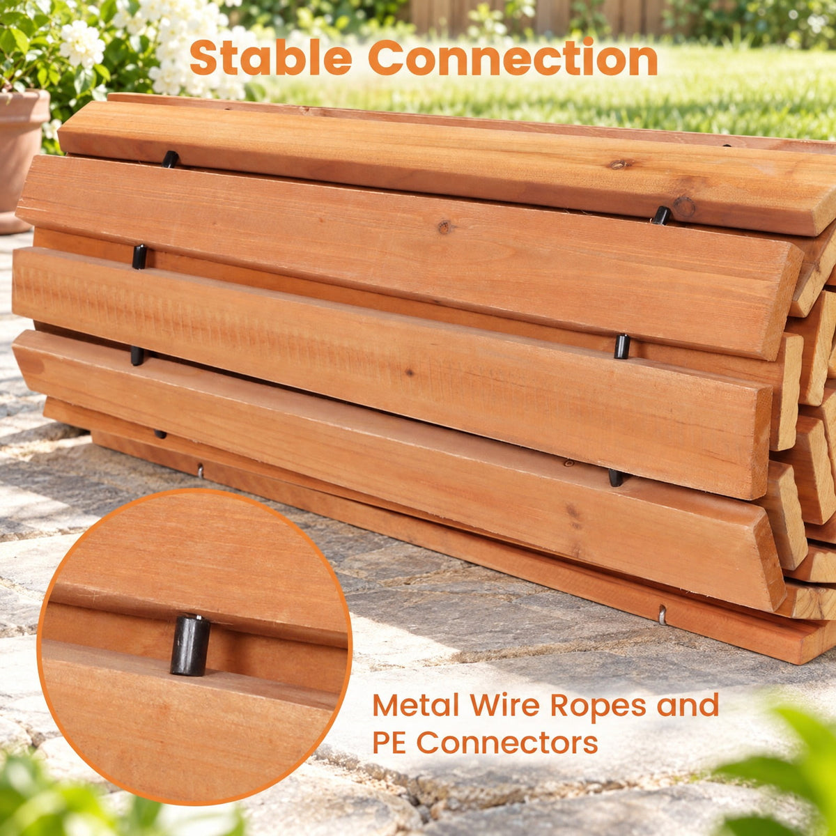 AIRFIND Wooden Garden Pathway with Curved Roll-Up Design, Textured Fir Wood Slats and Connected Wire Supports, 17 in Wide, Natural