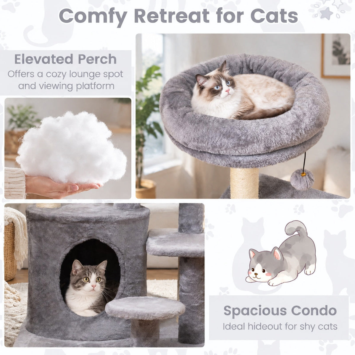 Airfind 40 Inch Multi-level Cat Tower with Condo and Dangling Jingle Ball, 33 lbs Capacity, Engineered Wood Sisal Plush Fabric Frame, Gray