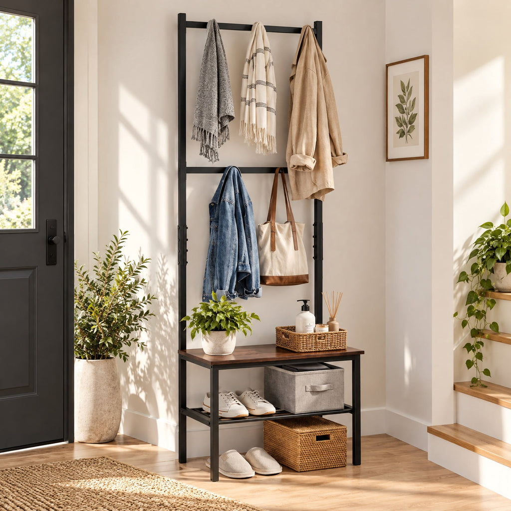 Airfind 3-in-1 Hall Tree Freestanding Entryway Bench with Hooks, 220 lbs Capacity, Metal Engineered Wood ABS Frame, Rustic Brown + Black