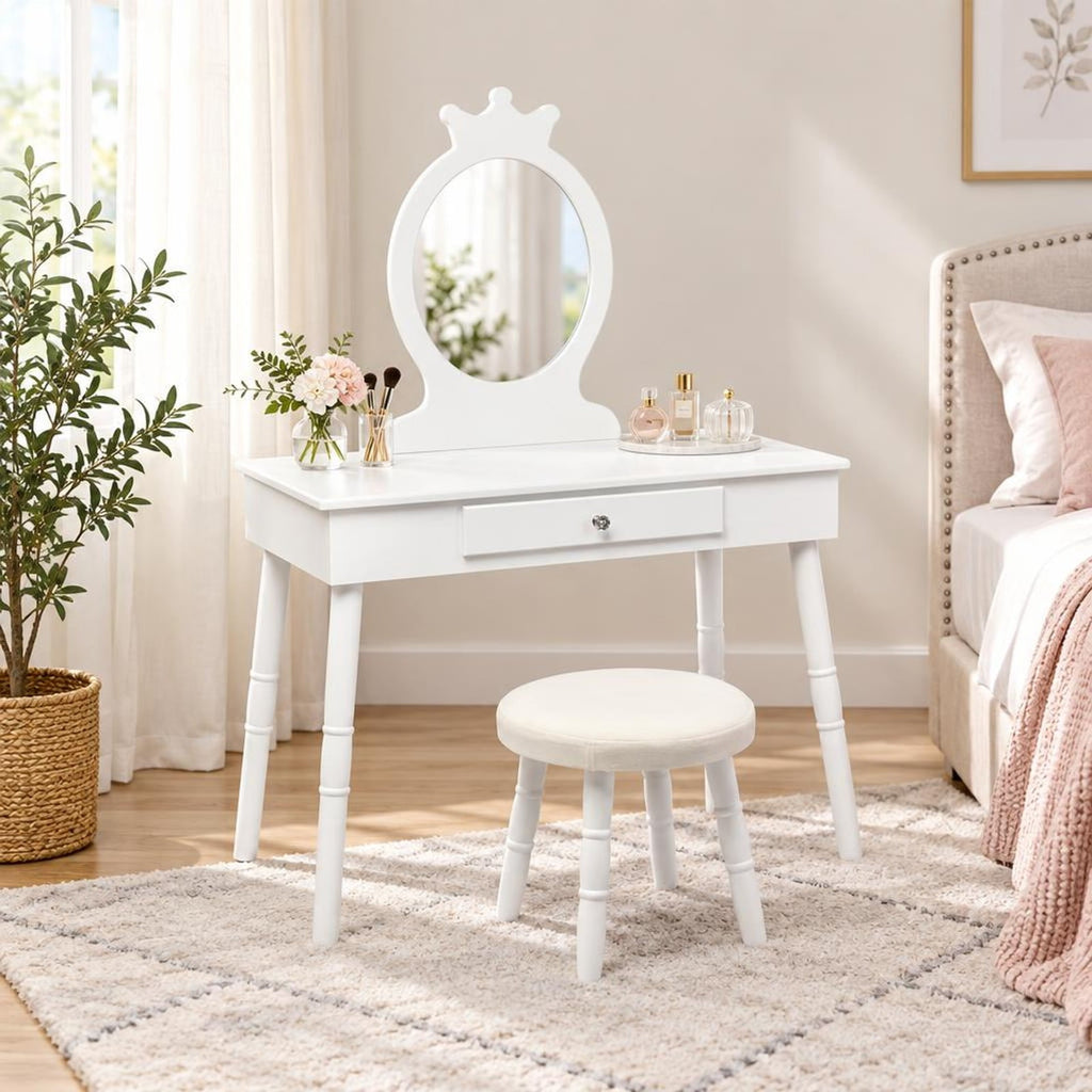 Airfind Kids Vanity Makeup Table and Chair Set Make Up Stool, 33 lbs Capacity, MDF pine wood Frame, 27.5 Inch x 13.5 Inch x 40 Inch Footprint, White