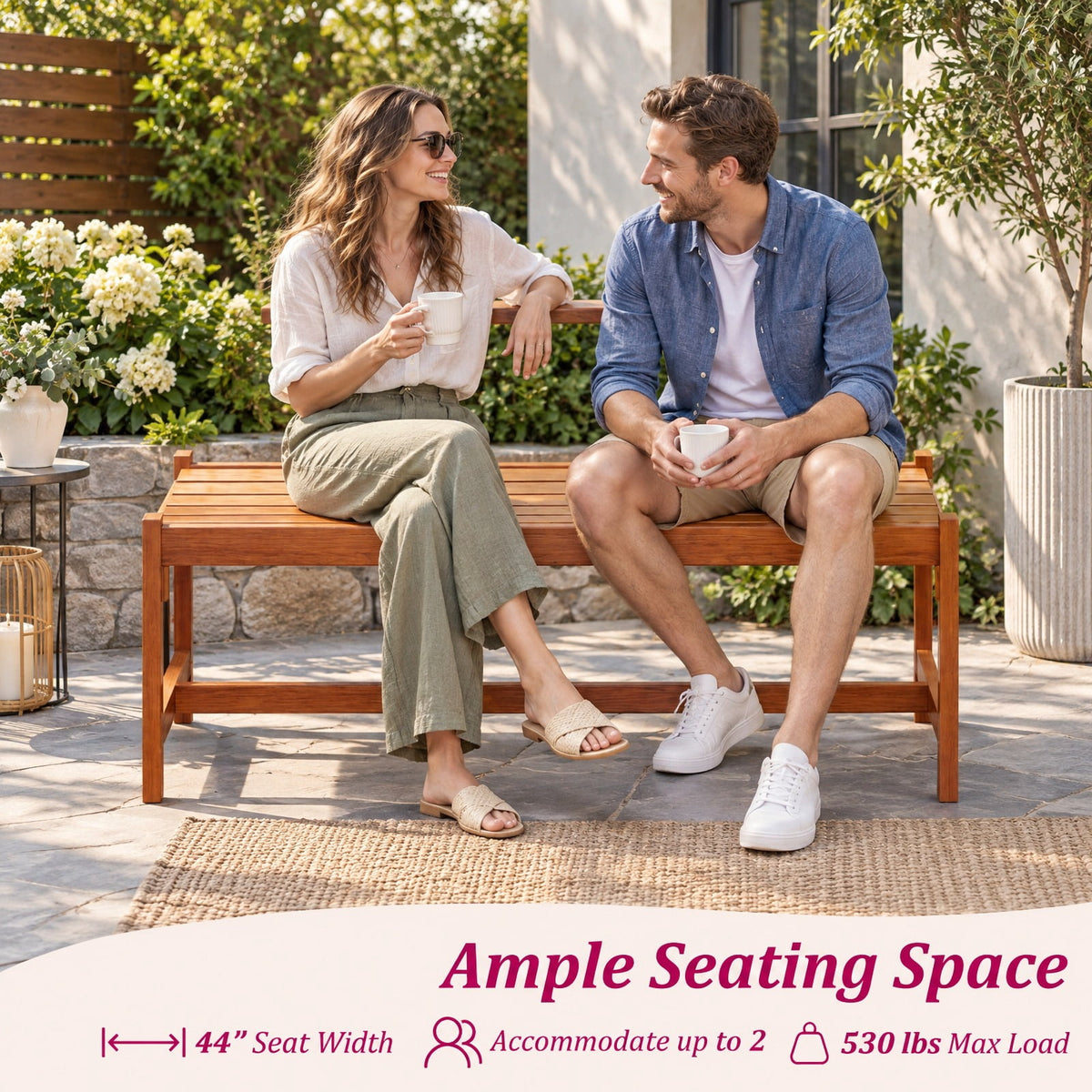 Airfind 44 Patio Wood Bench Set of 1 Outdoor Solid Hardwood Dining Bench with Teak Oil Finish, 530 lbs Capacity, Hardwood Frame, Wood