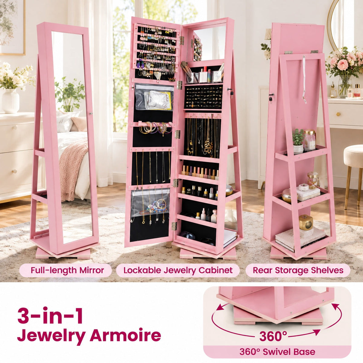 Airfind 360° Rotatable 2-in-1 Lockable Jewelry Cabinet with Full-Length Mirror, P2 MDF, 15 Inch x 15 Inch x 63.5 Inch (L x W x H) External, Pink